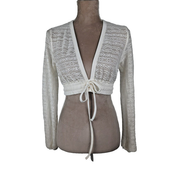 YITTY Ivory Knit Slip Semi Sheer Lace Crop Top and Ruched Back Legging Set M - Picture 3 of 16